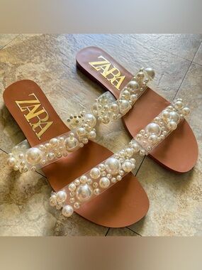 ZARA Tan Slide Sandals with Pearl-Embellished Clear Straps